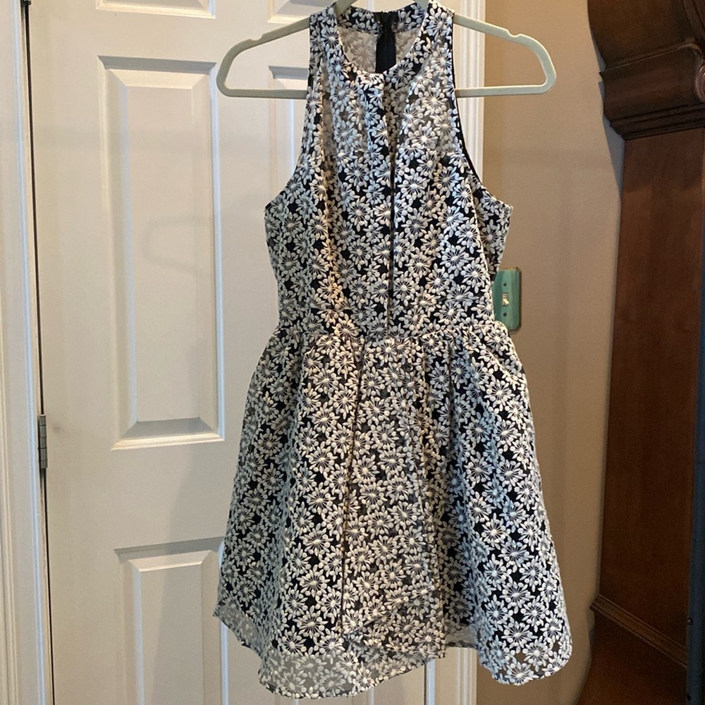 Sam Edelman dress, 2, black with white embroidery overlay, flare, NWT